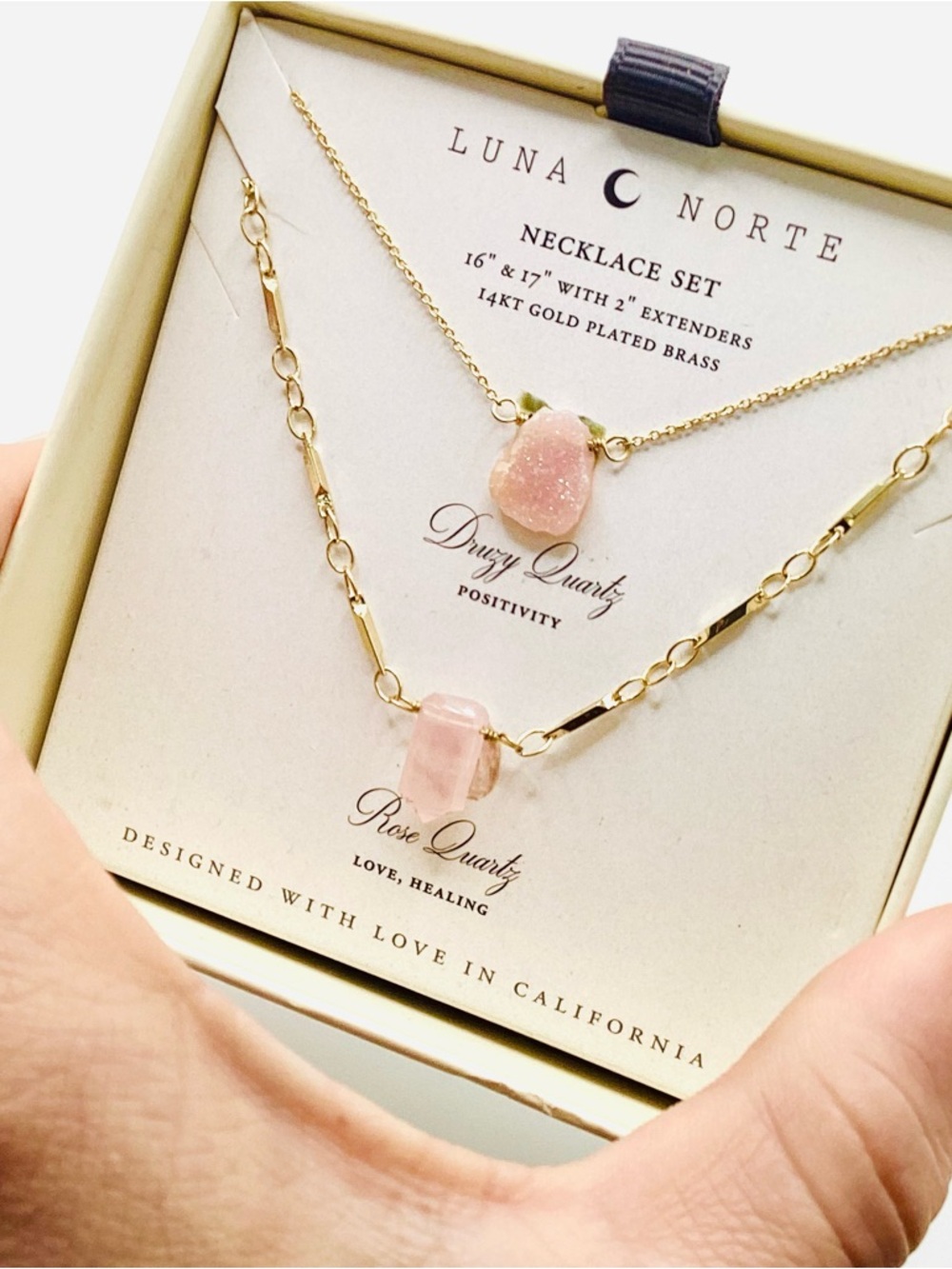 Luna Norte Pink Rose & Druzy Quartz Gold-Plated Necklace Set - Picture 6 of 7